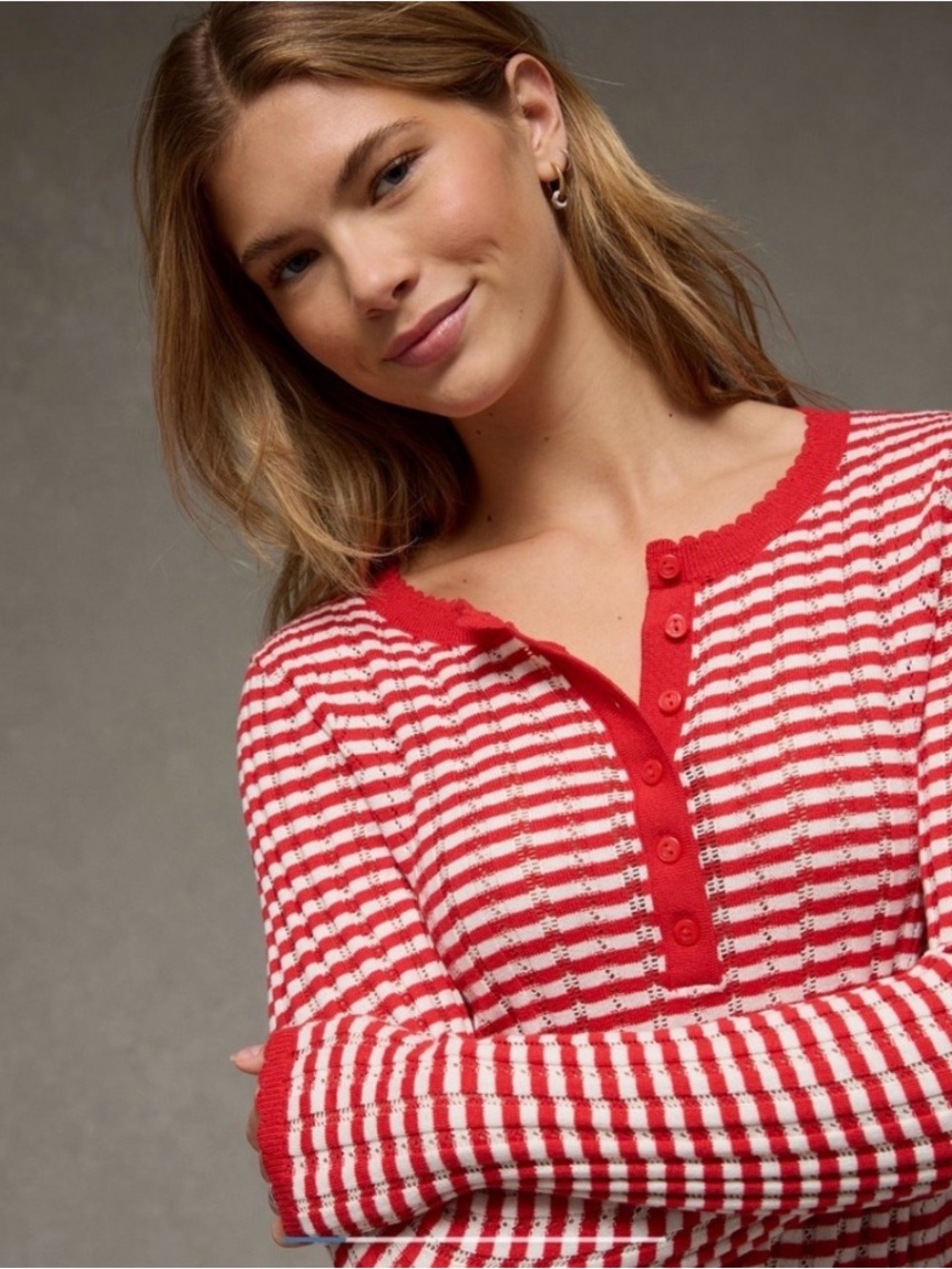 American Eagle Outfitters Red and White Striped Long-Sleeve Ribbed Henley